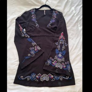 Free People Holiday Folk Black Embroidered Bell Sleeve Mini Dress
